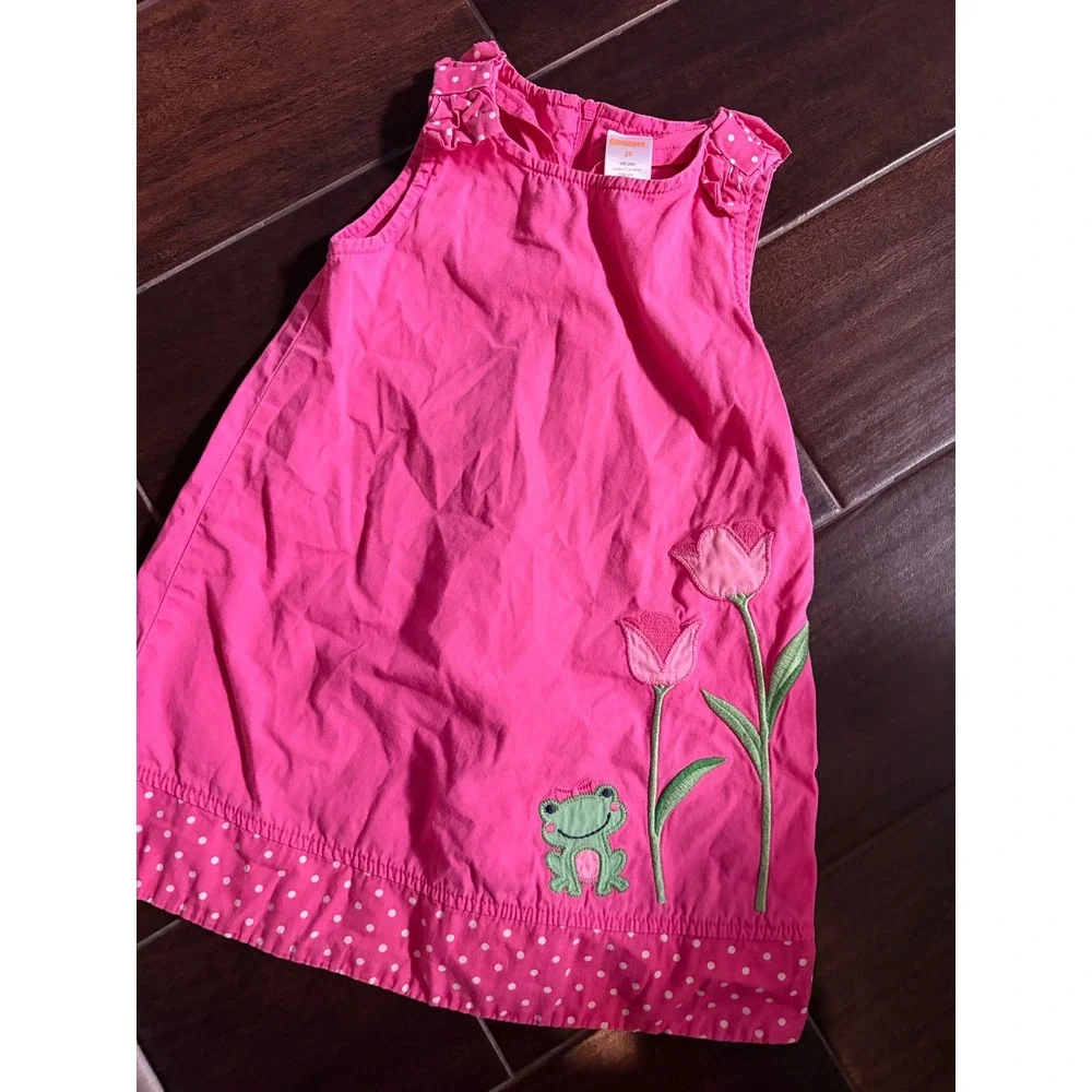 Gymboree Girls 2T Pink Cotton Jumper Dress Frog Tulip Embroidery Y2K Vintage